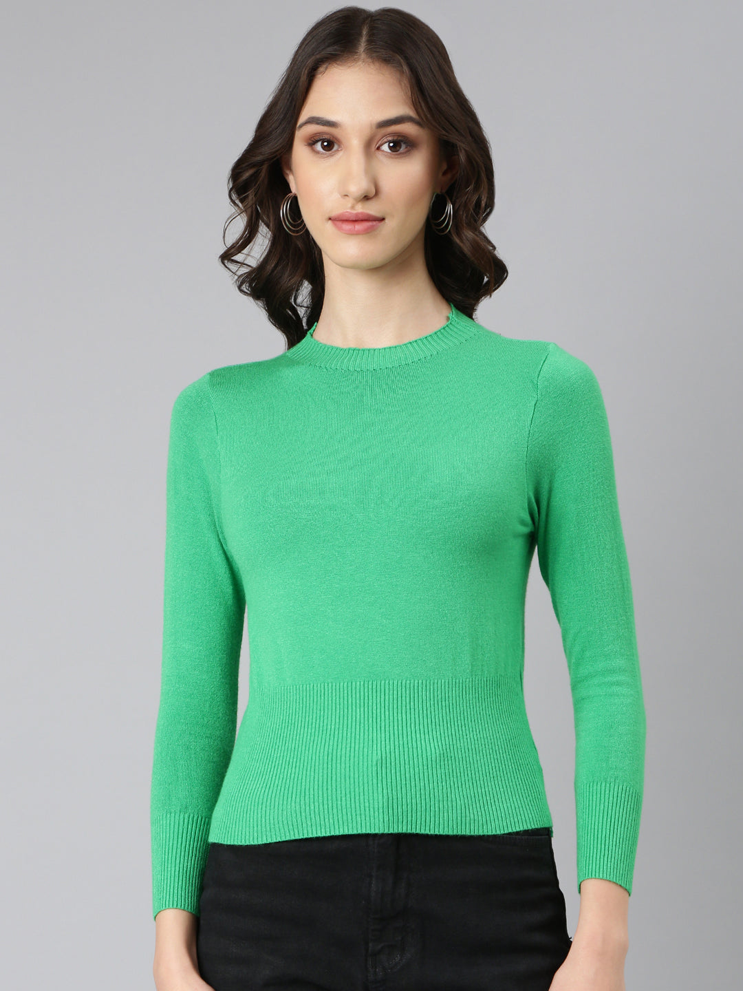 Women's Green High Neck Long Sleeves Top
