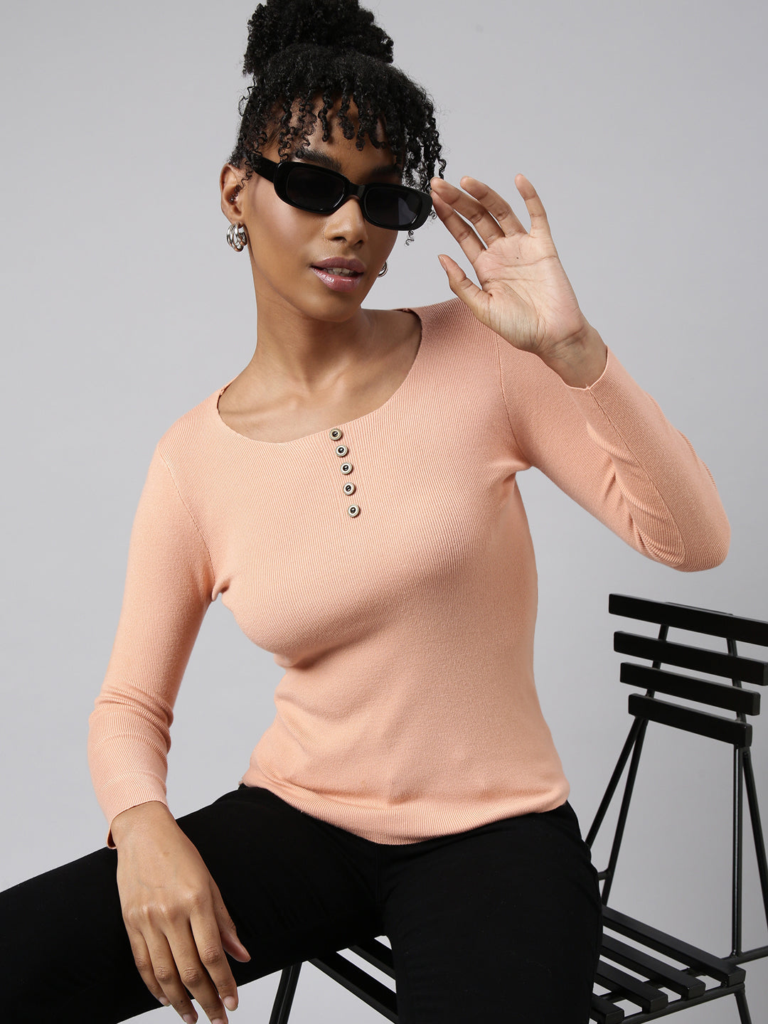 Women Peach Solid Fitted Top