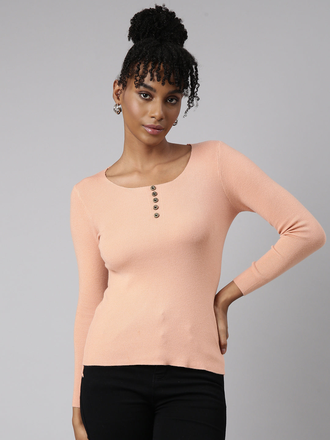 Women Peach Solid Fitted Top