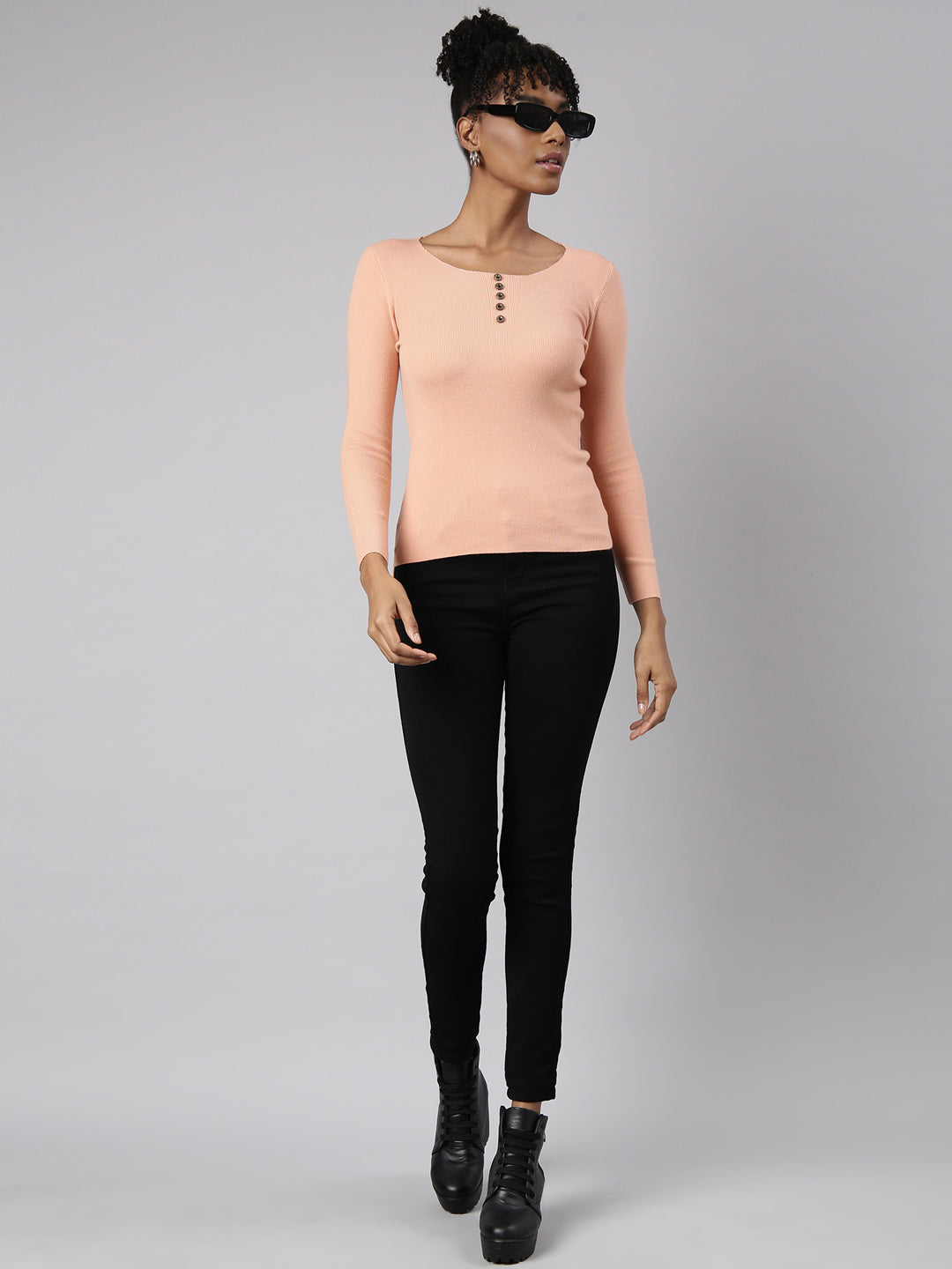 Women Peach Solid Fitted Top