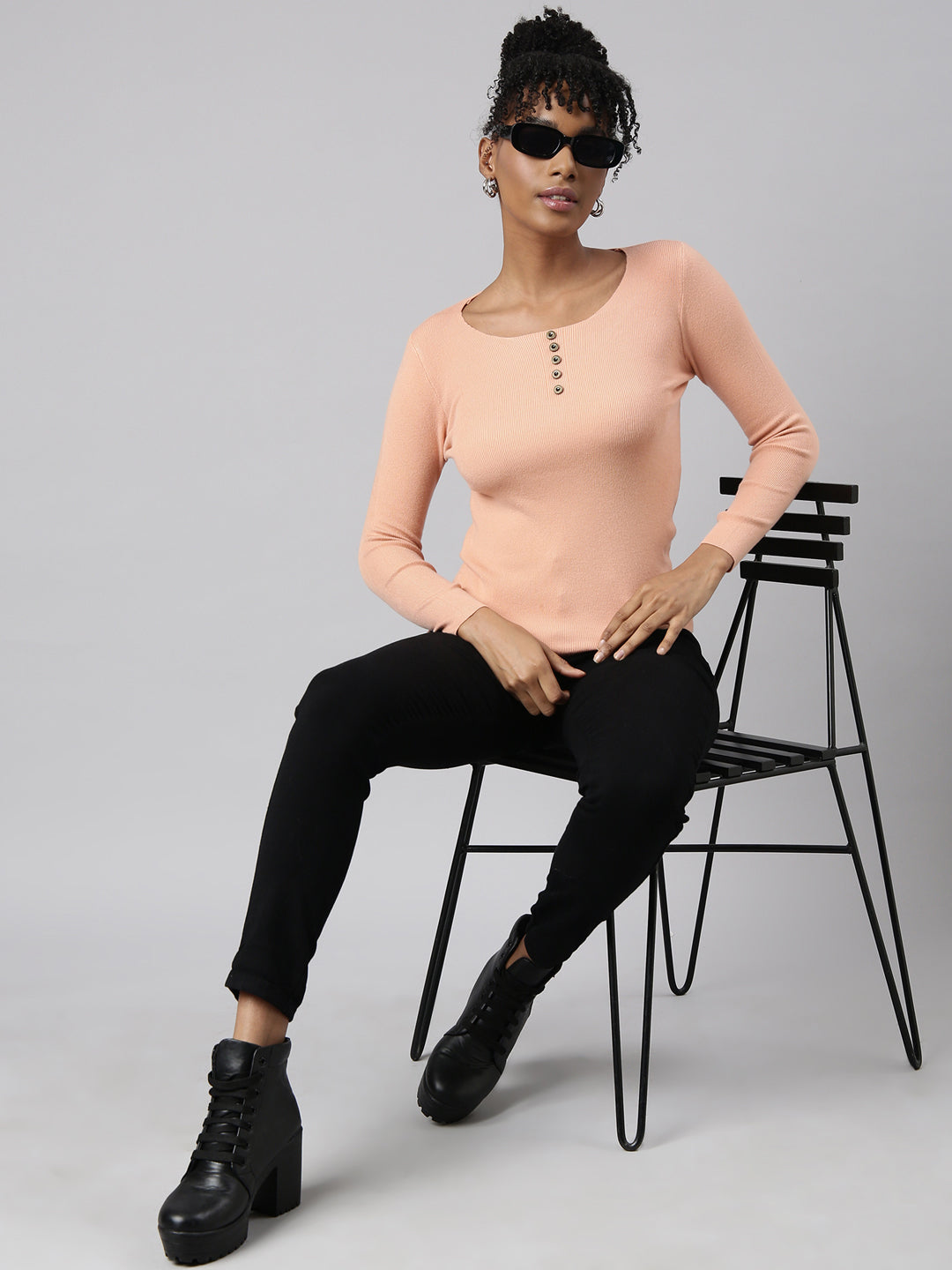 Women Peach Solid Fitted Top