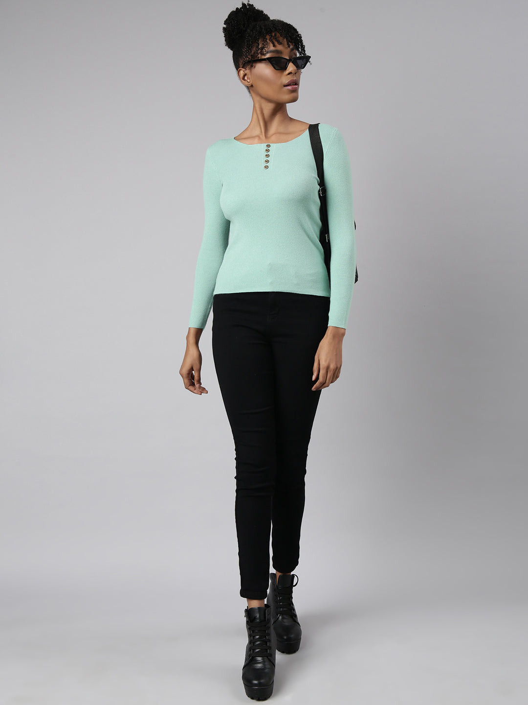 Women Sea Green Solid Fitted Top