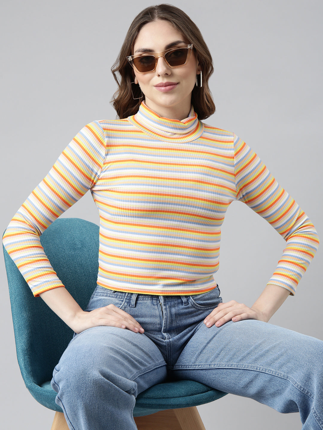 Women Orange Horizontal Stripes Fitted Crop Top