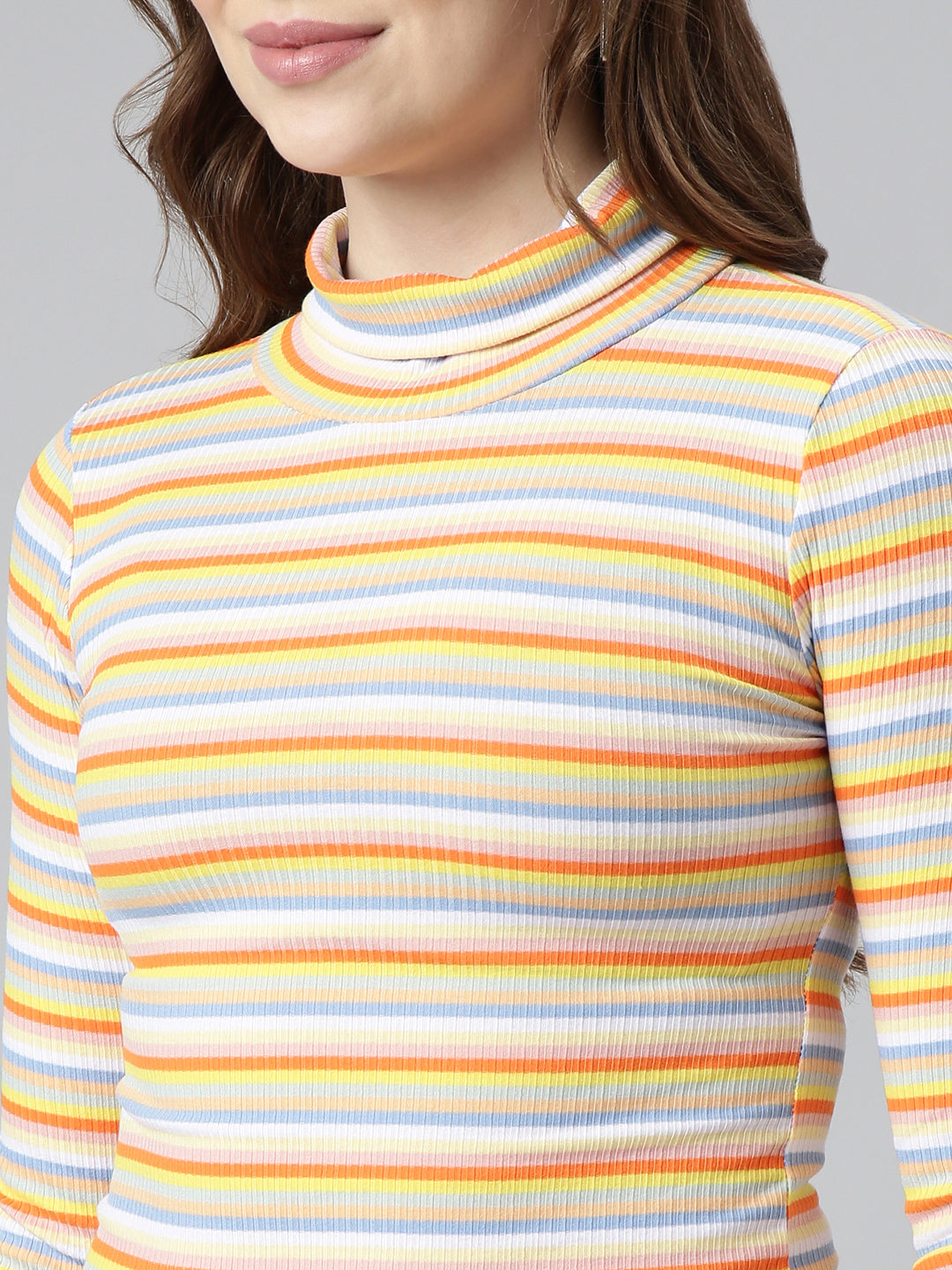 Women Orange Horizontal Stripes Fitted Crop Top