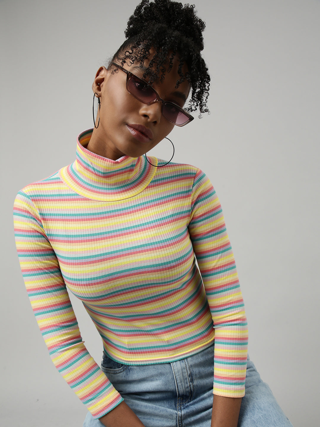 Women Yellow Horizontal Stripes Fitted Crop Top