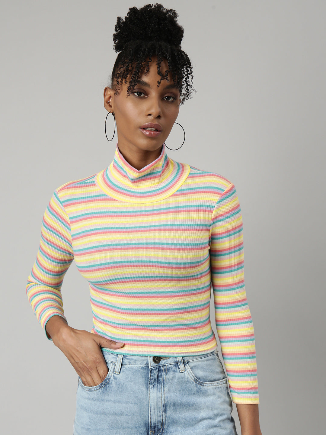 Women Yellow Horizontal Stripes Fitted Crop Top