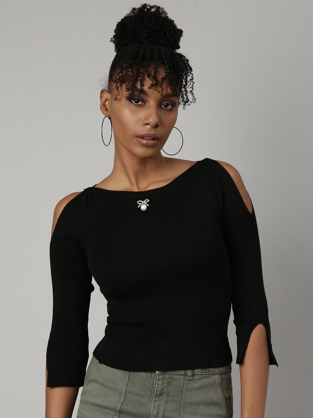 Women Black Solid Fitted Top