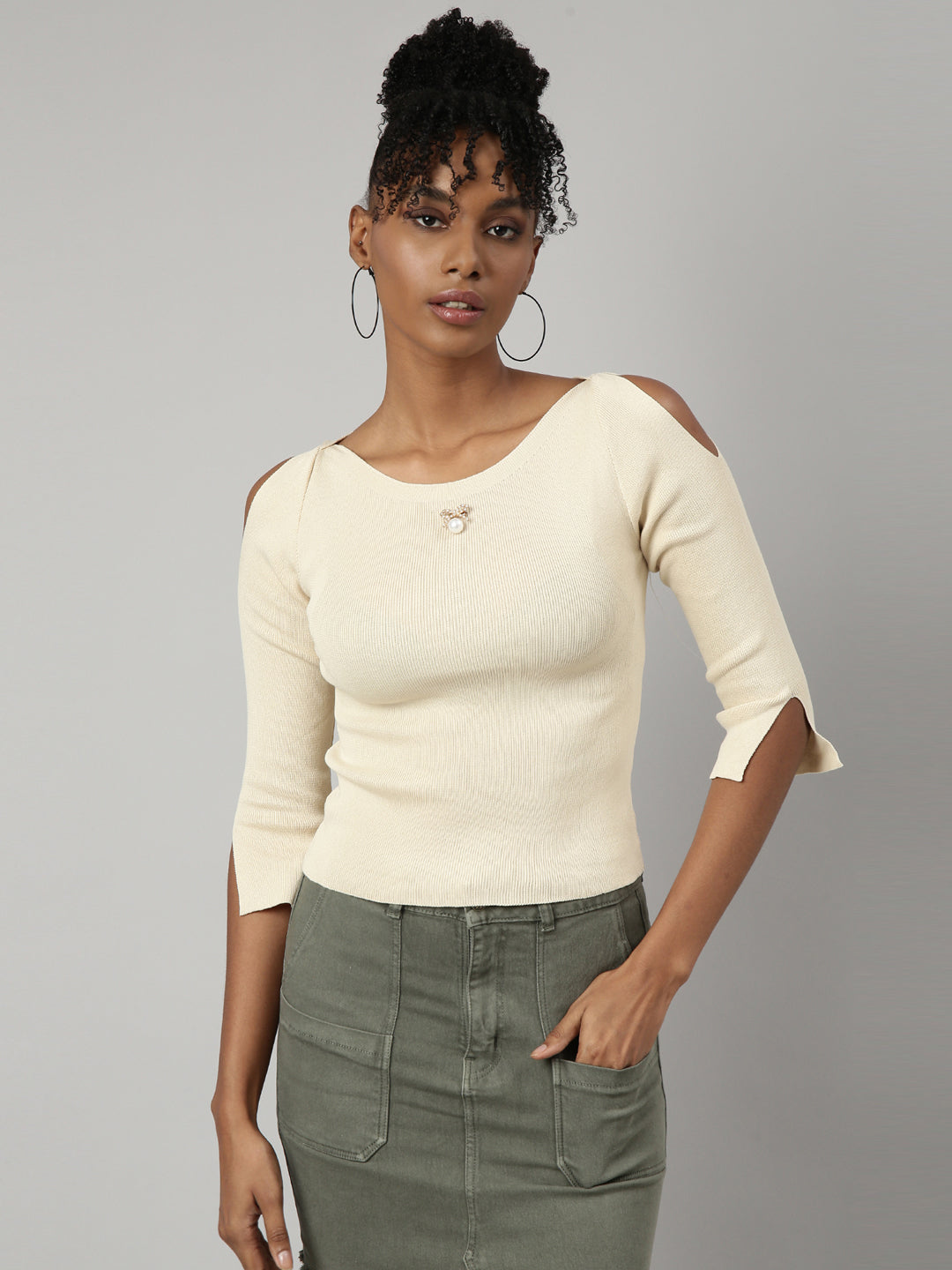 Women Cream Solid Fitted Top