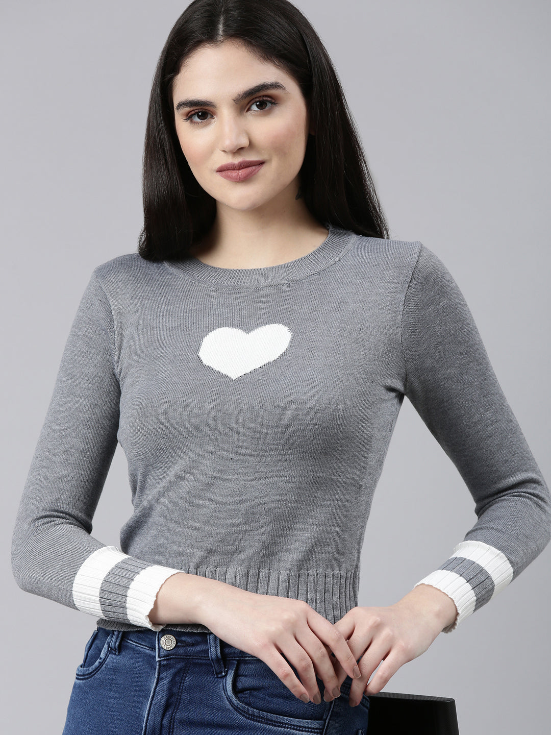 Women Round Neck Colourblocked Grey Fitted Regular Top