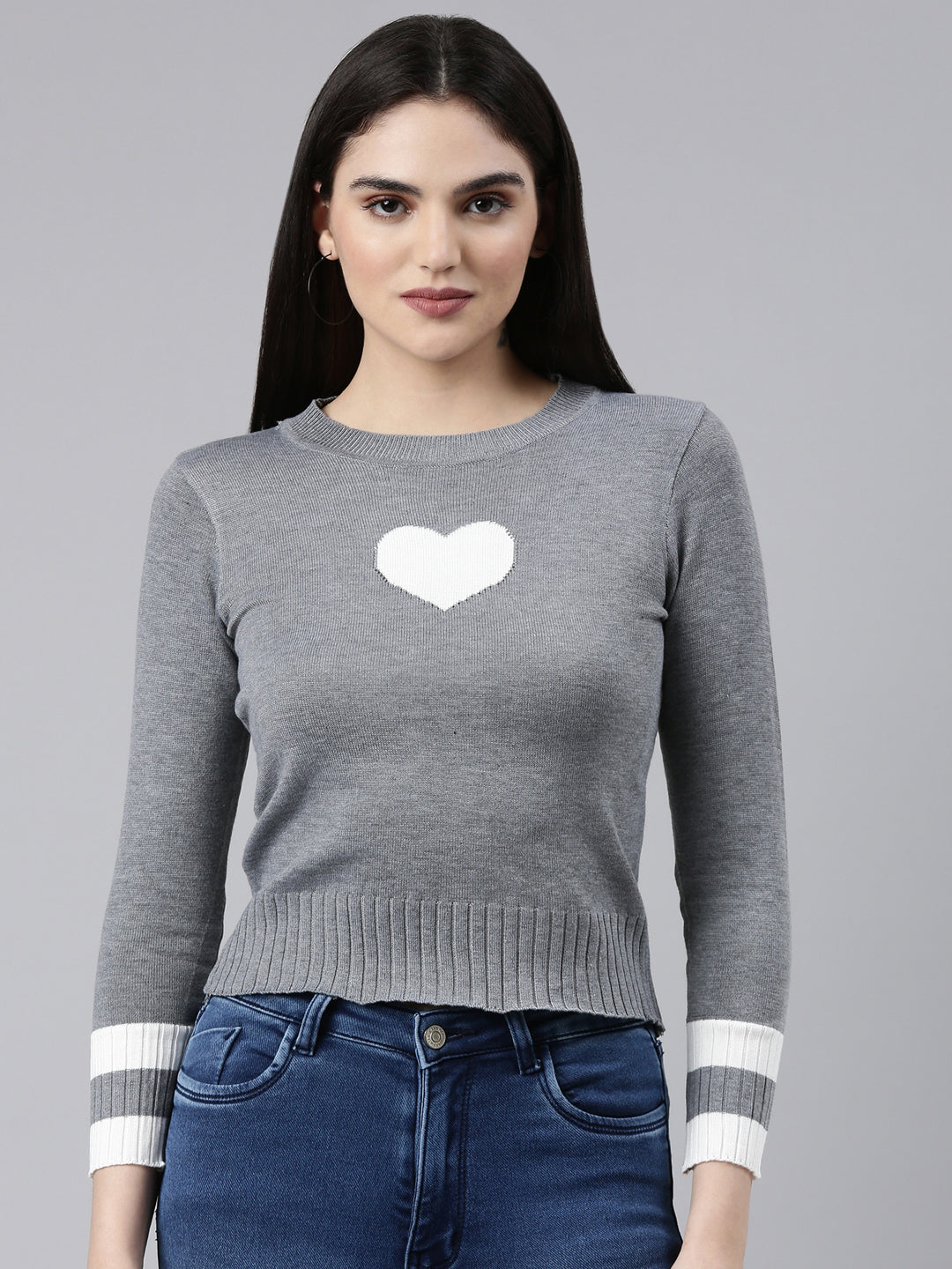 Women Round Neck Colourblocked Grey Fitted Regular Top