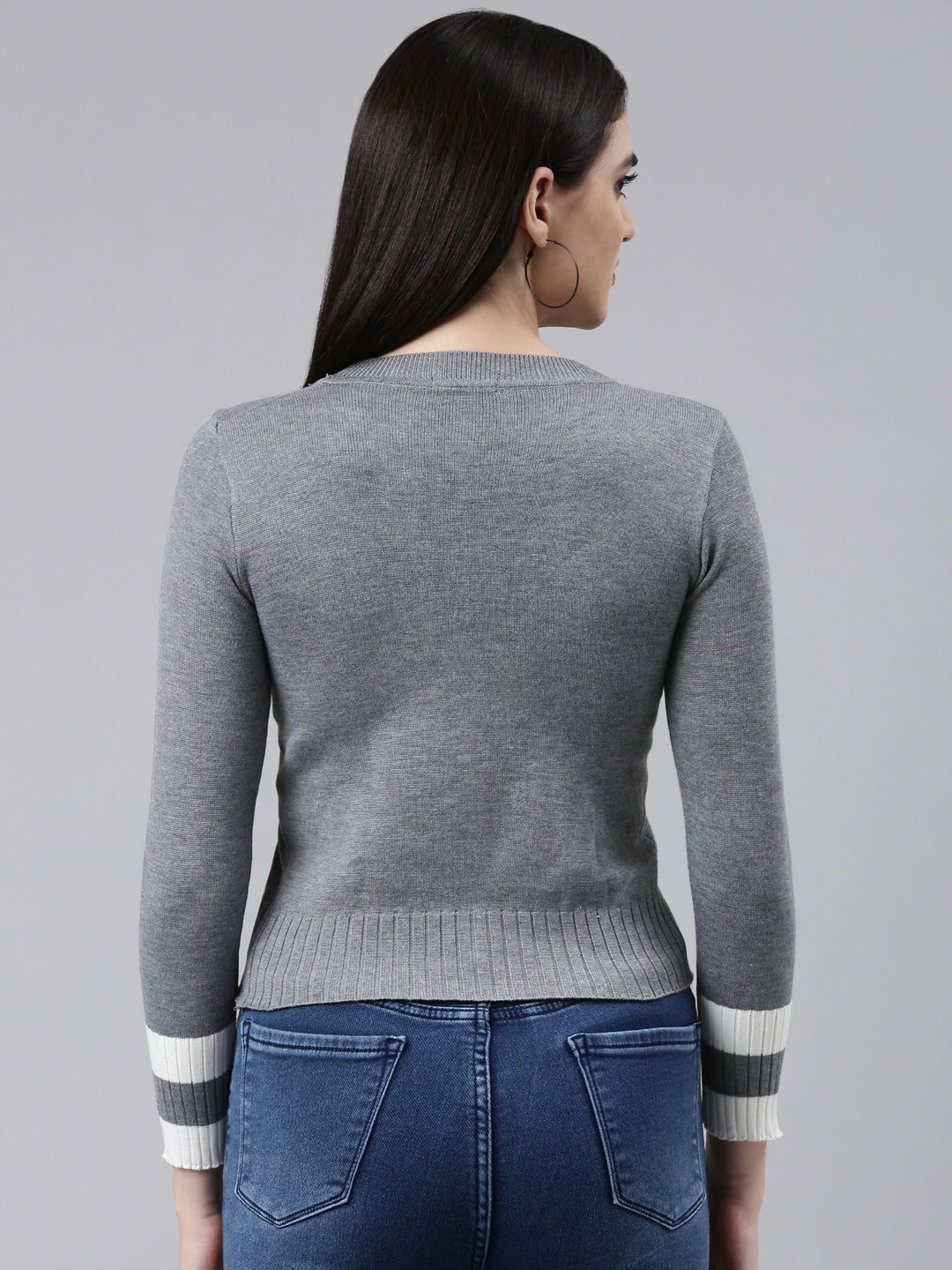 Women Round Neck Colourblocked Grey Fitted Regular Top