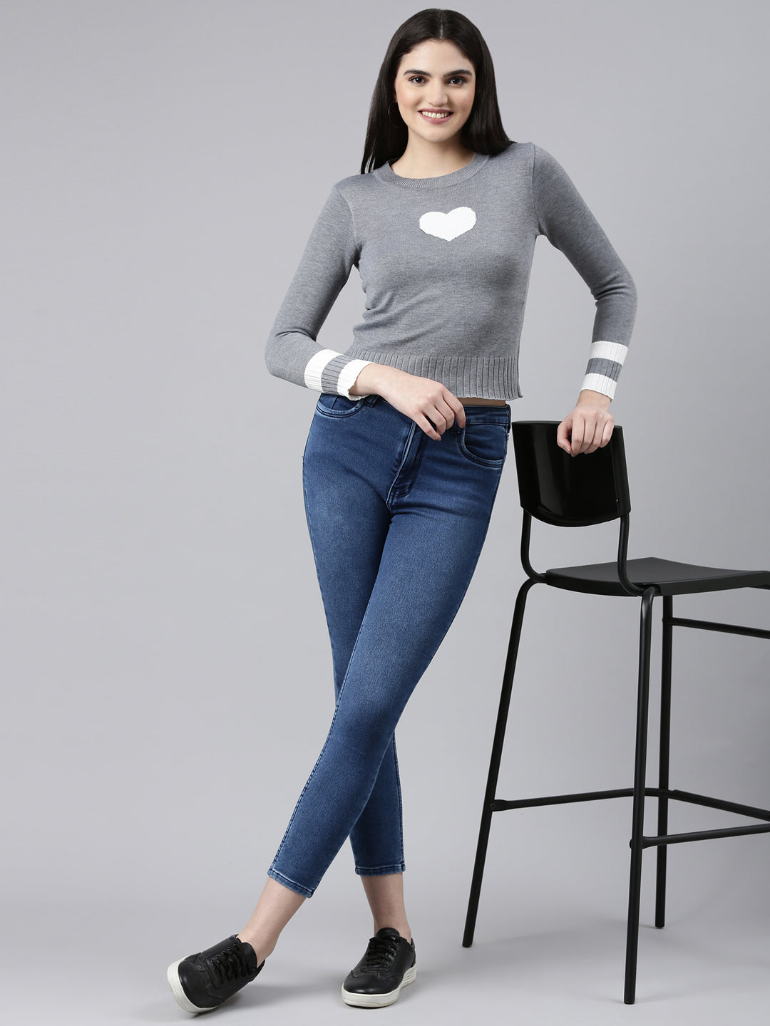 Women Round Neck Colourblocked Grey Fitted Regular Top