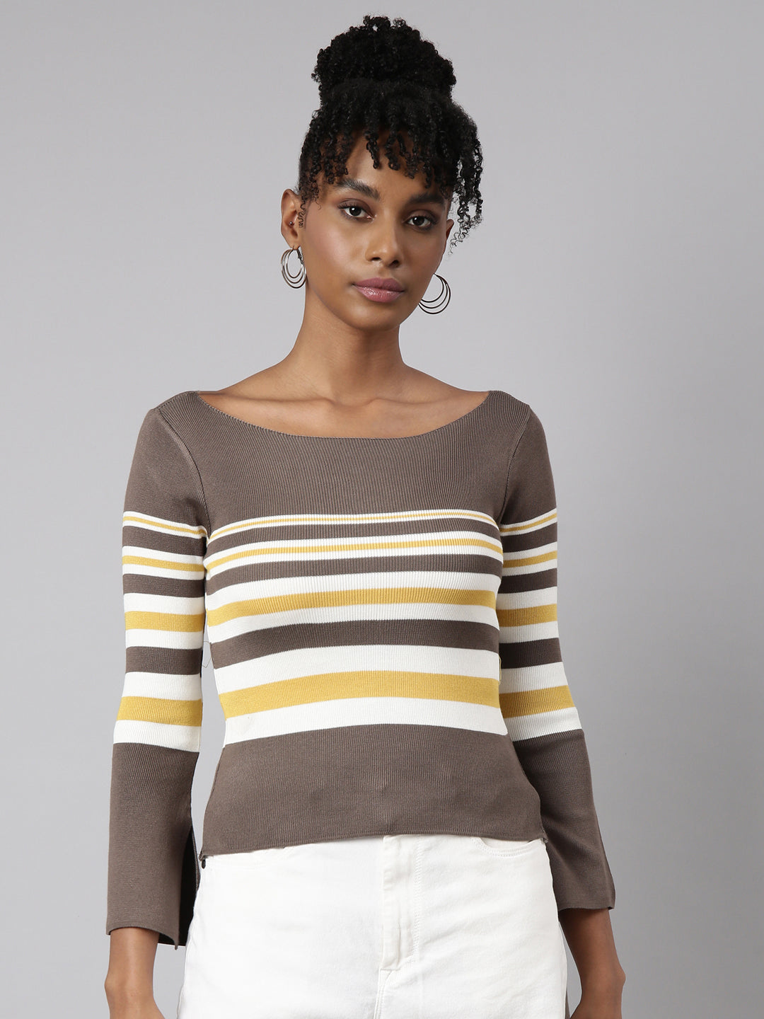 Women Olive Horizontal Stripes Fitted Top