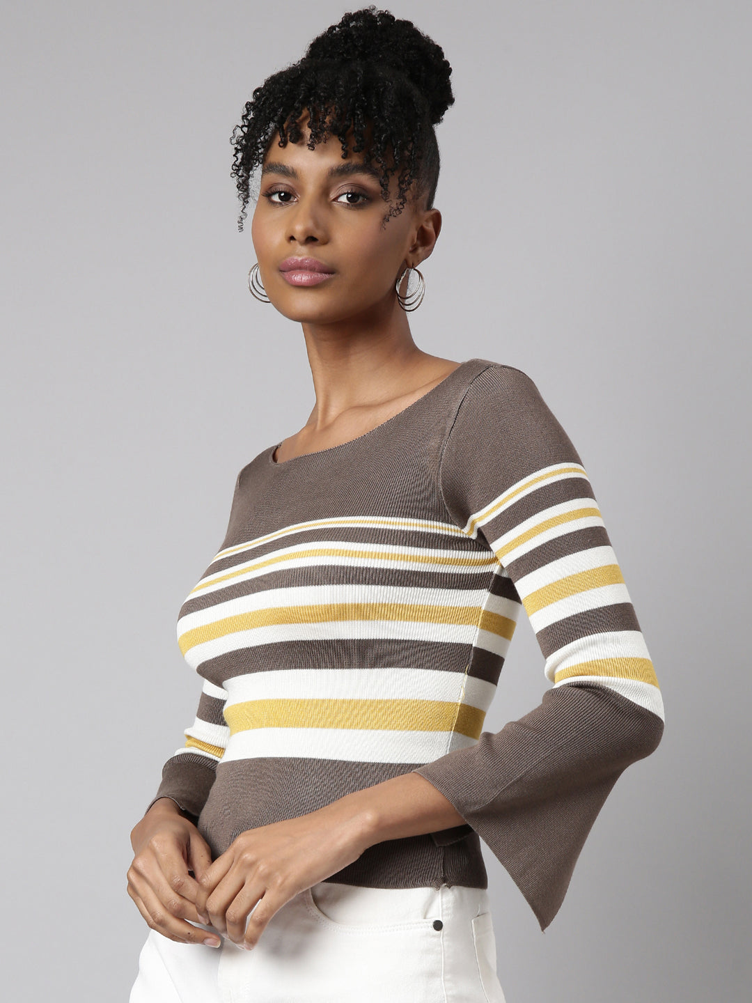 Women Olive Horizontal Stripes Fitted Top