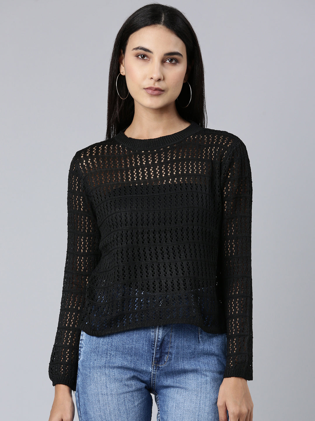 Women Black Textured Crop Top