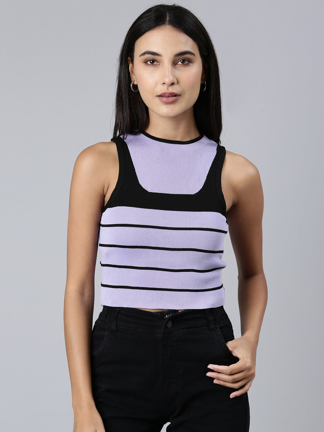 Women Lavender Striped Tank Crop Top