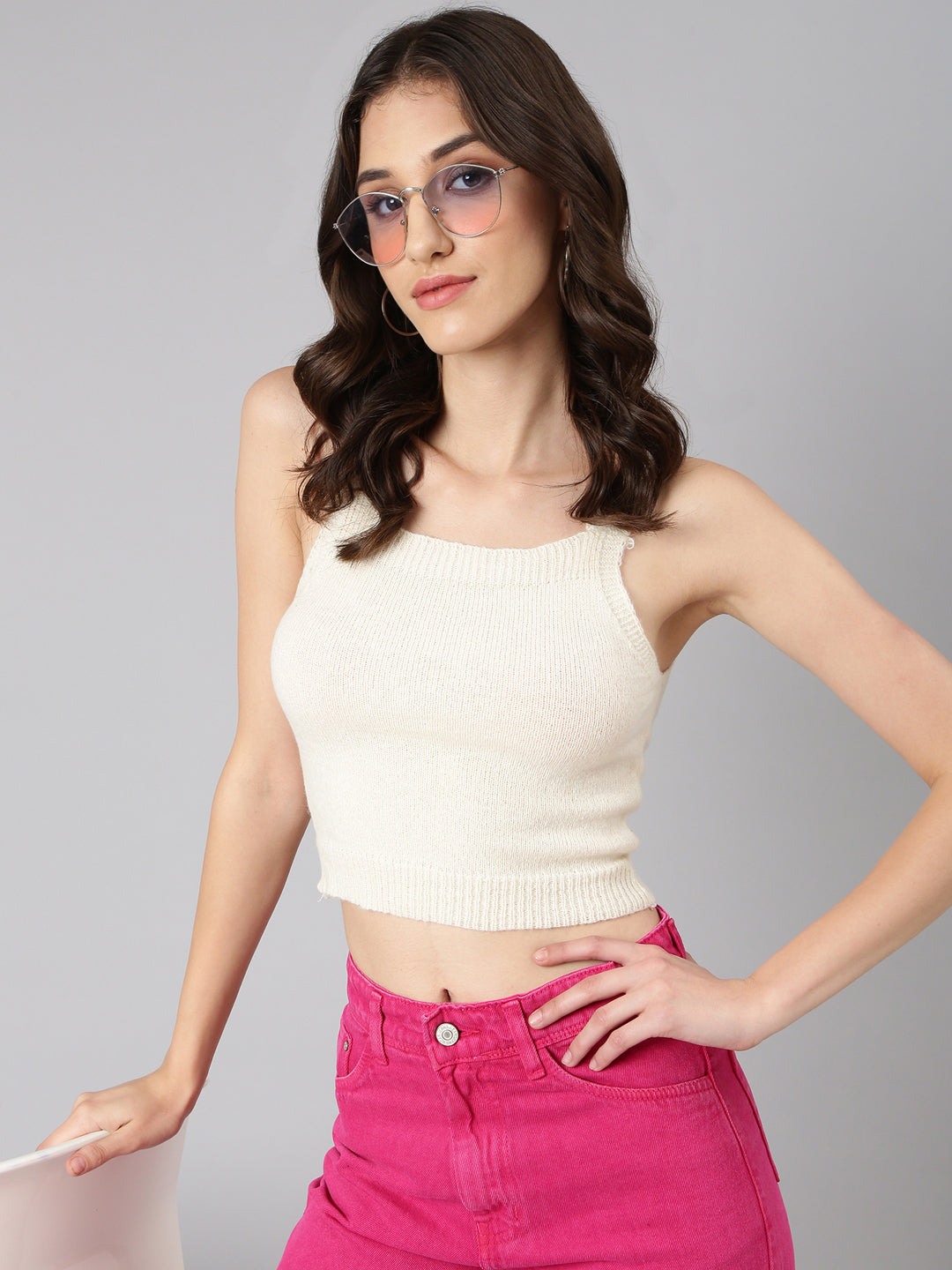 Women Cream Solid Crop Top