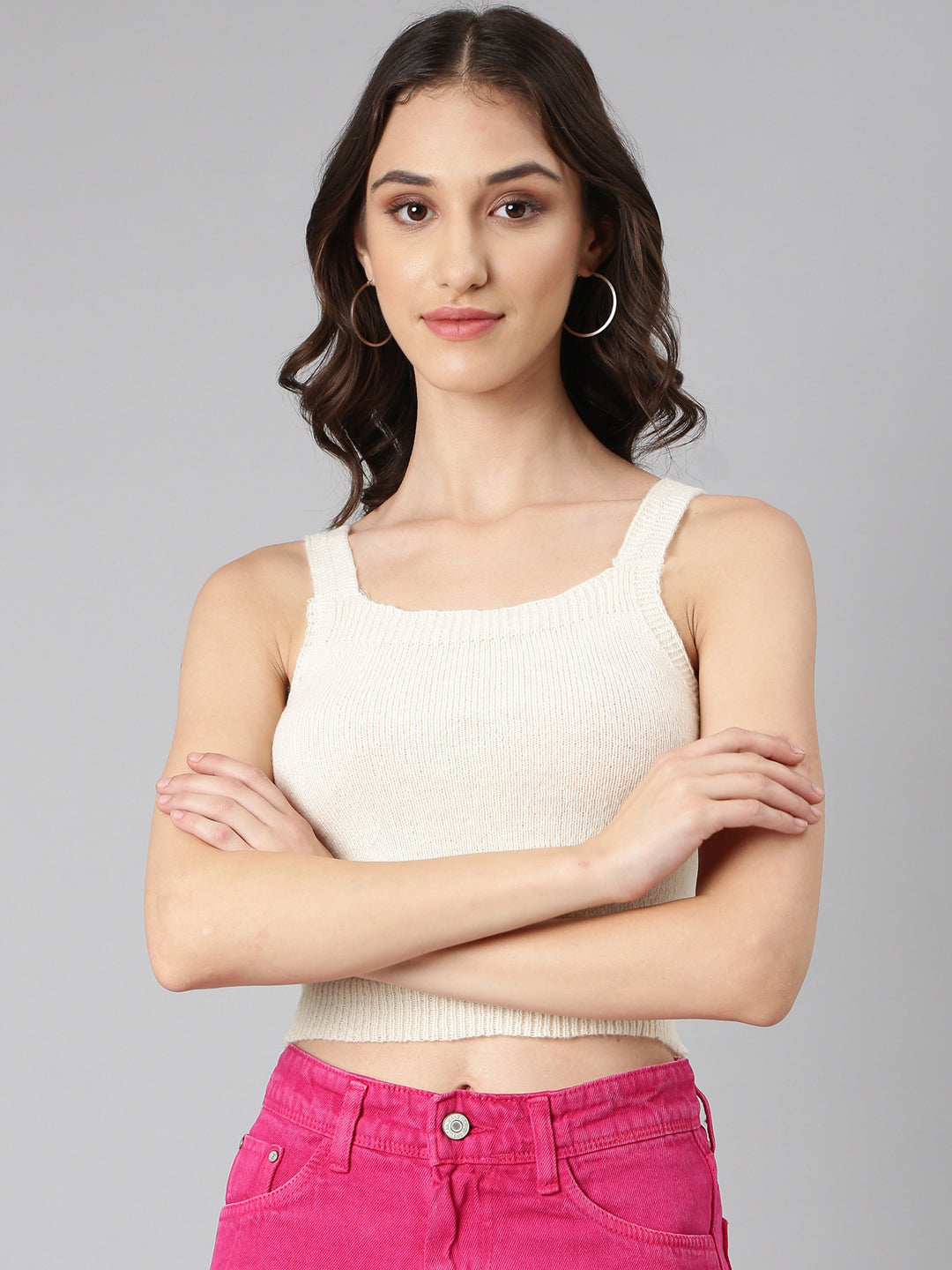 Women Cream Solid Crop Top