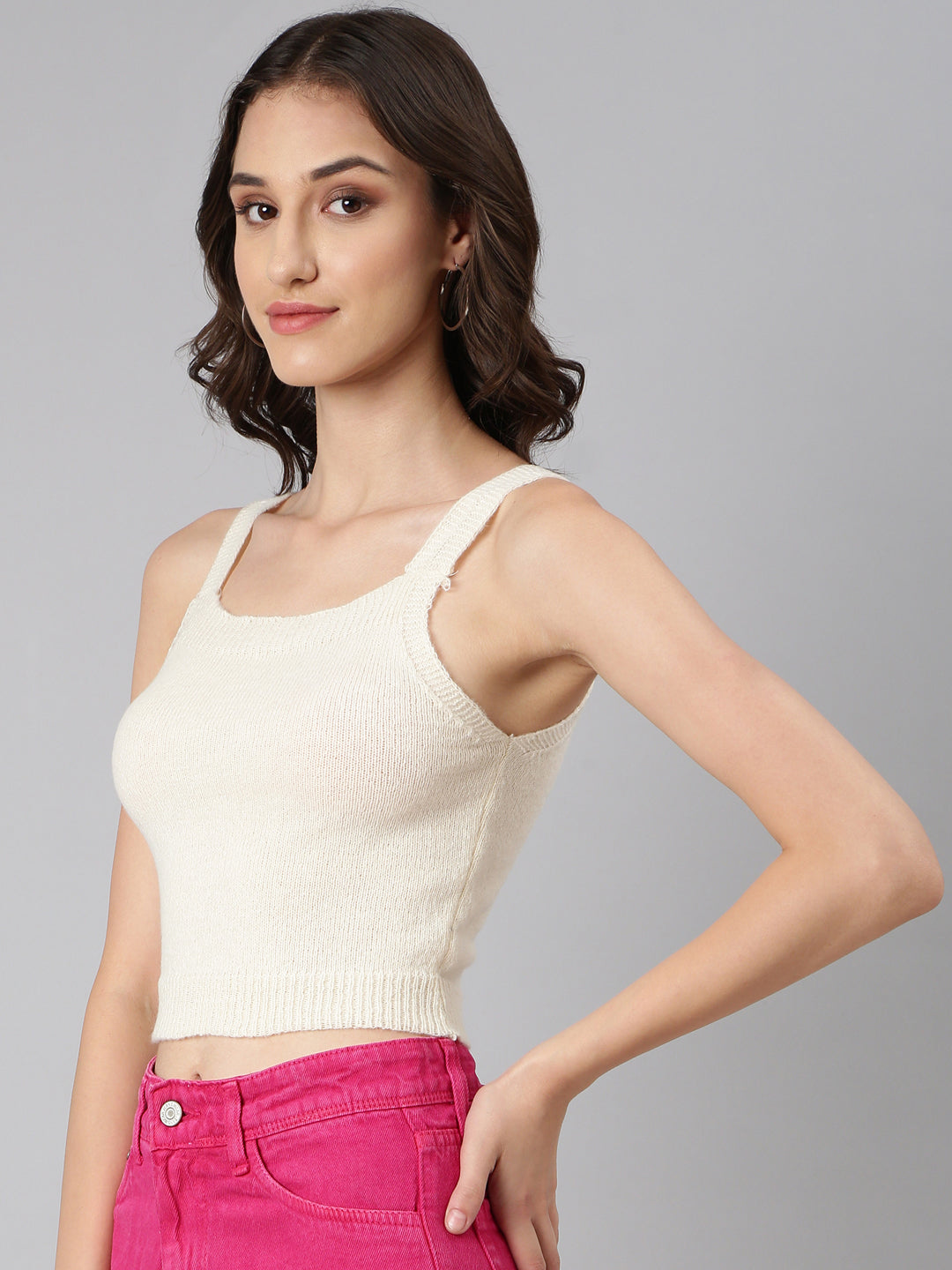 Women Cream Solid Crop Top