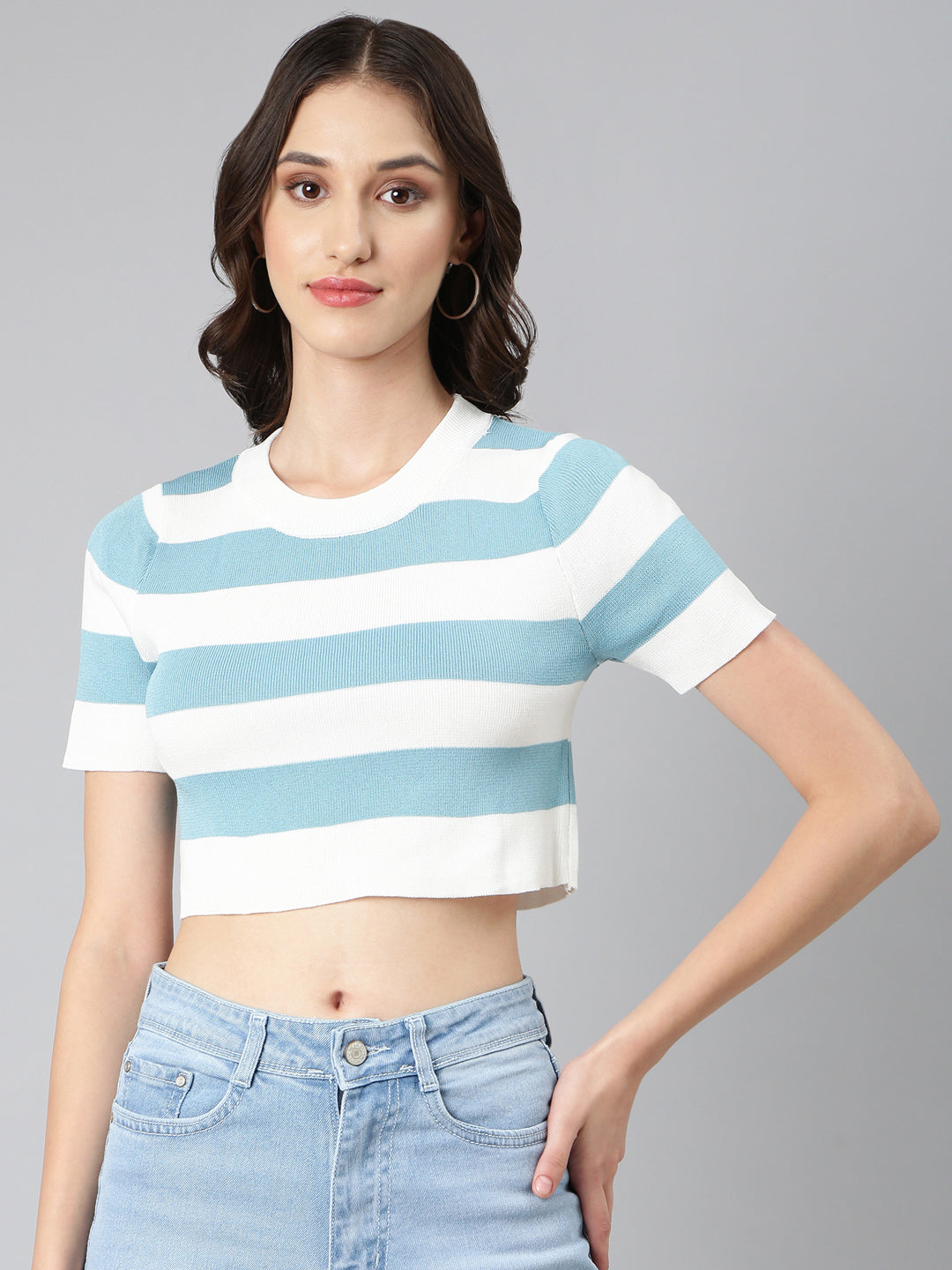 Women White Striped Boxy Crop Top