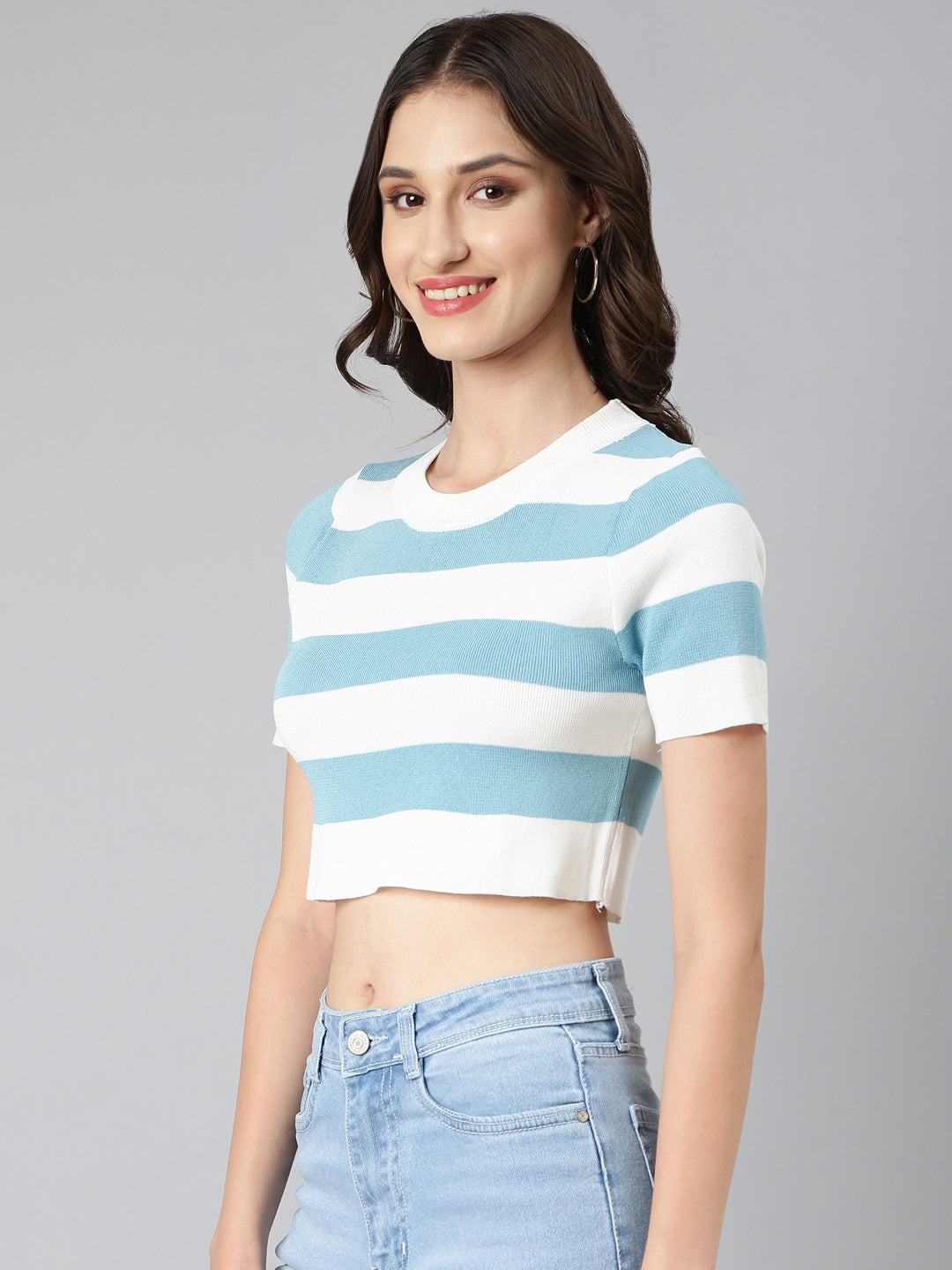 Women White Striped Boxy Crop Top