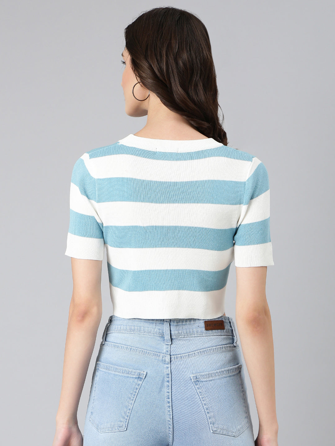 Women White Striped Boxy Crop Top