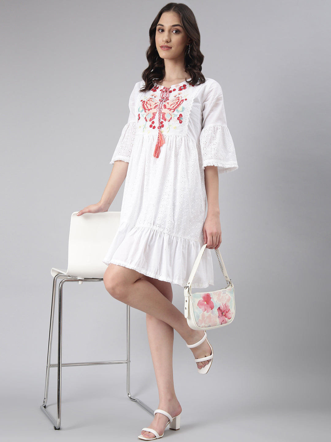 Women White Solid Fit and Flare Dress