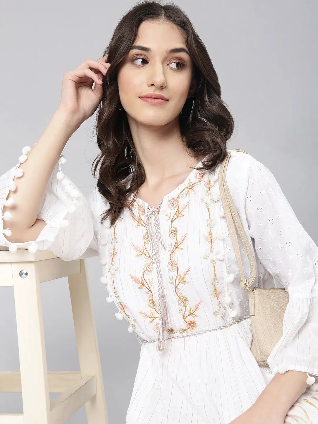 Women's White Solid Fit and Flare Dress
