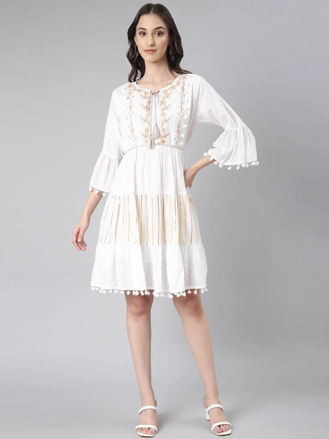 Women's White Solid Fit and Flare Dress