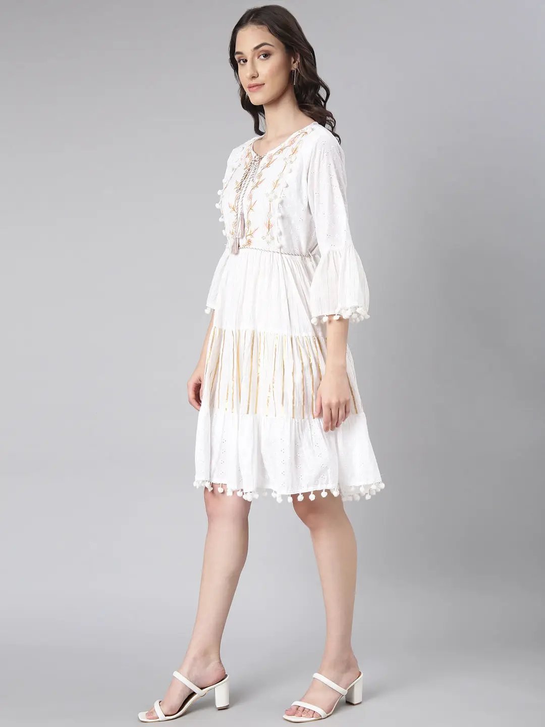 Women's White Solid Fit and Flare Dress