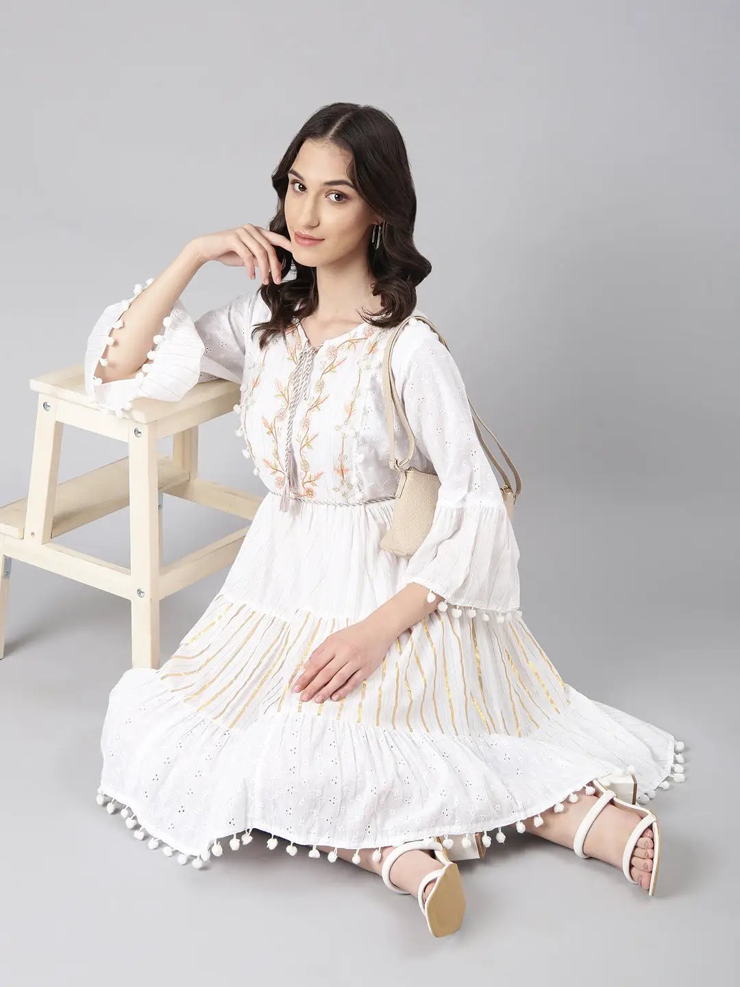 Women's White Solid Fit and Flare Dress