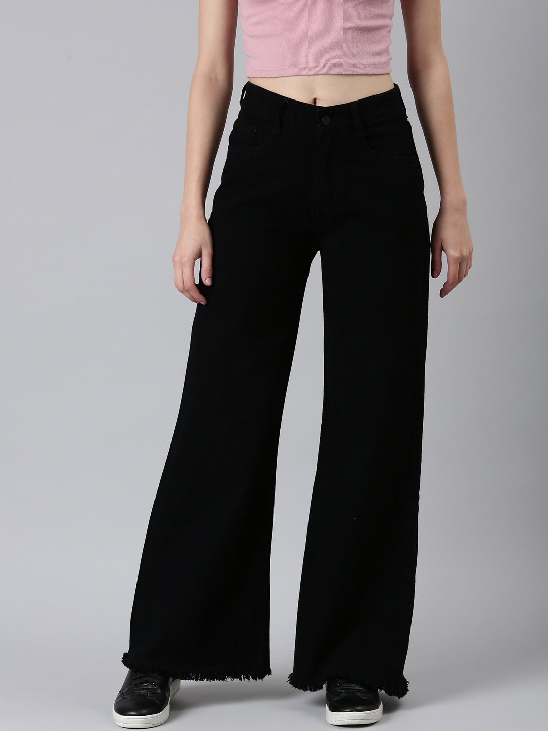 Women's Black Solid Wide Leg Denim Jeans