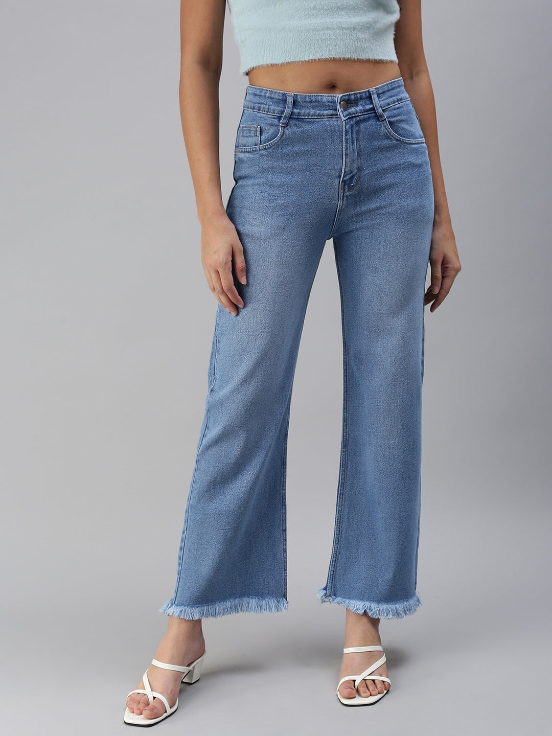 Women's Blue Solid Denim Wide Leg Jeans