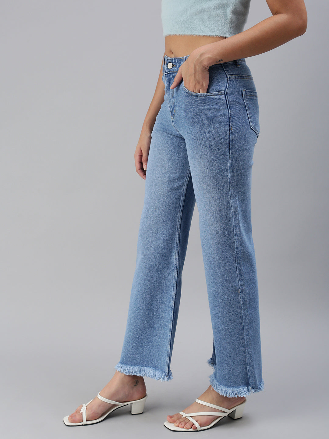 Women's Blue Solid Denim Wide Leg Jeans