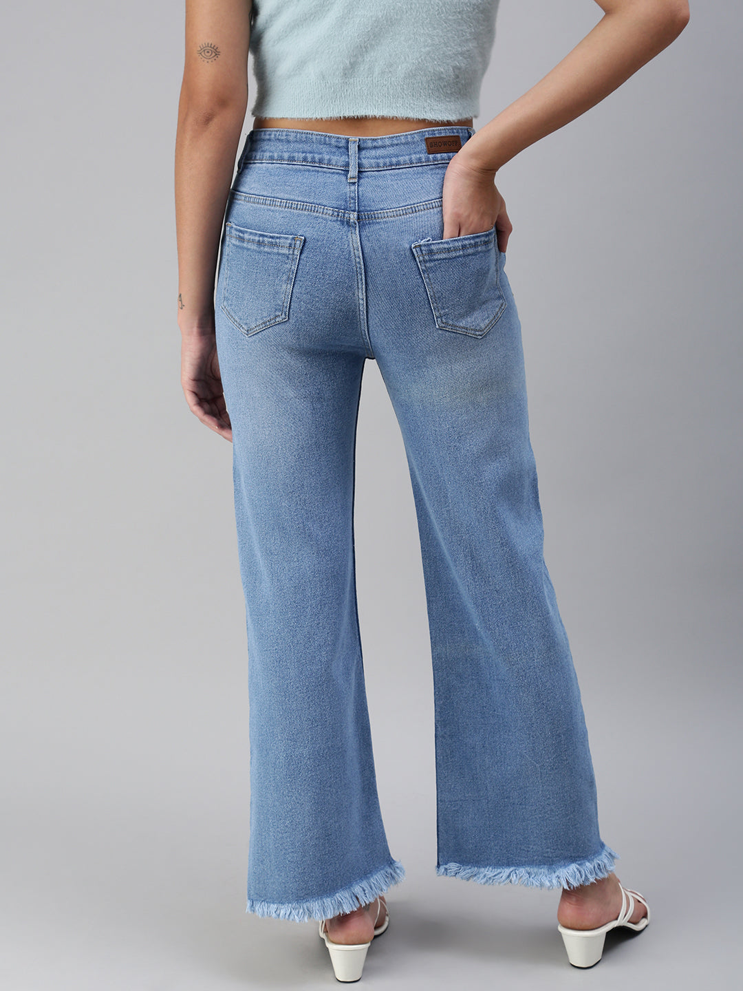 Women's Blue Solid Denim Wide Leg Jeans