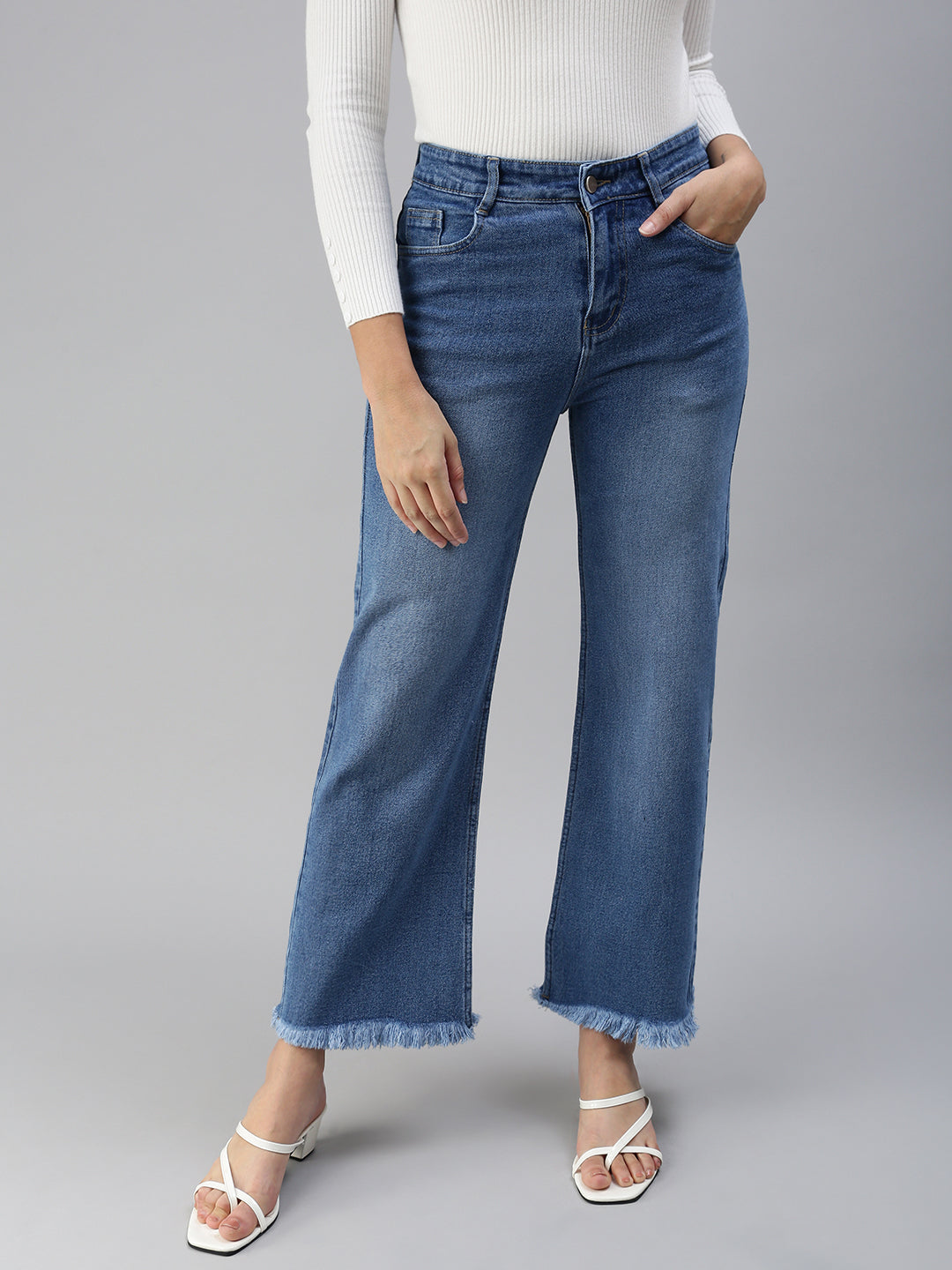 Women's Blue Solid Denim Wide Leg Jeans