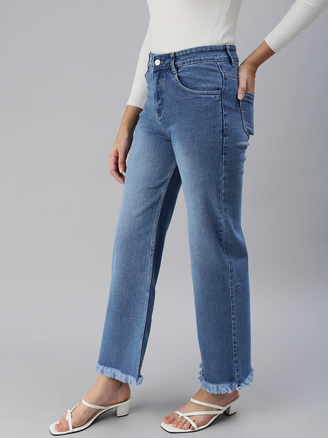 Women's Blue Solid Denim Wide Leg Jeans