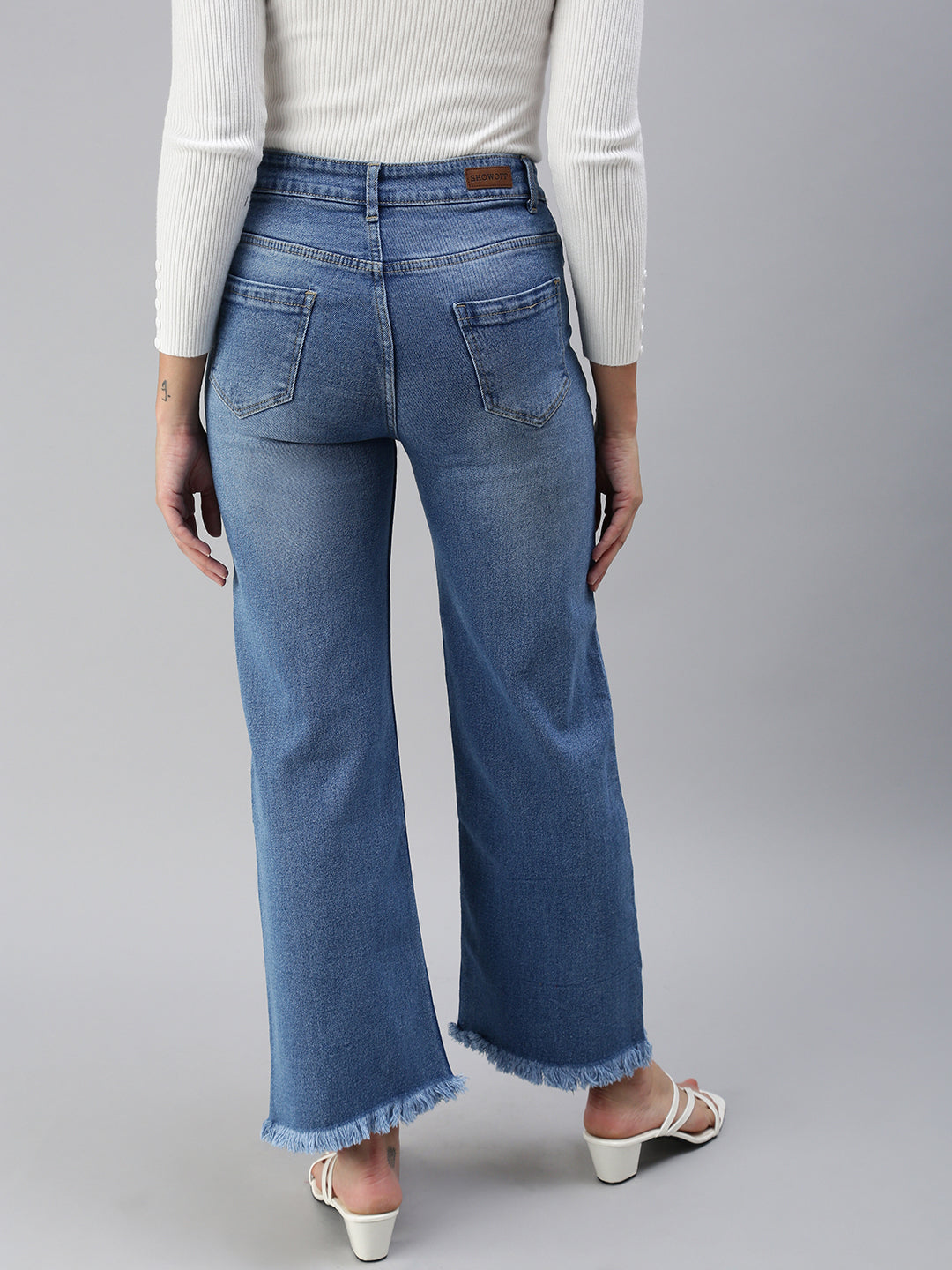 Women's Blue Solid Denim Wide Leg Jeans