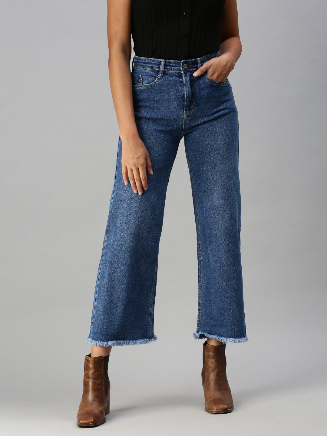 Women's Blue Solid Wide Leg Denim Jeans