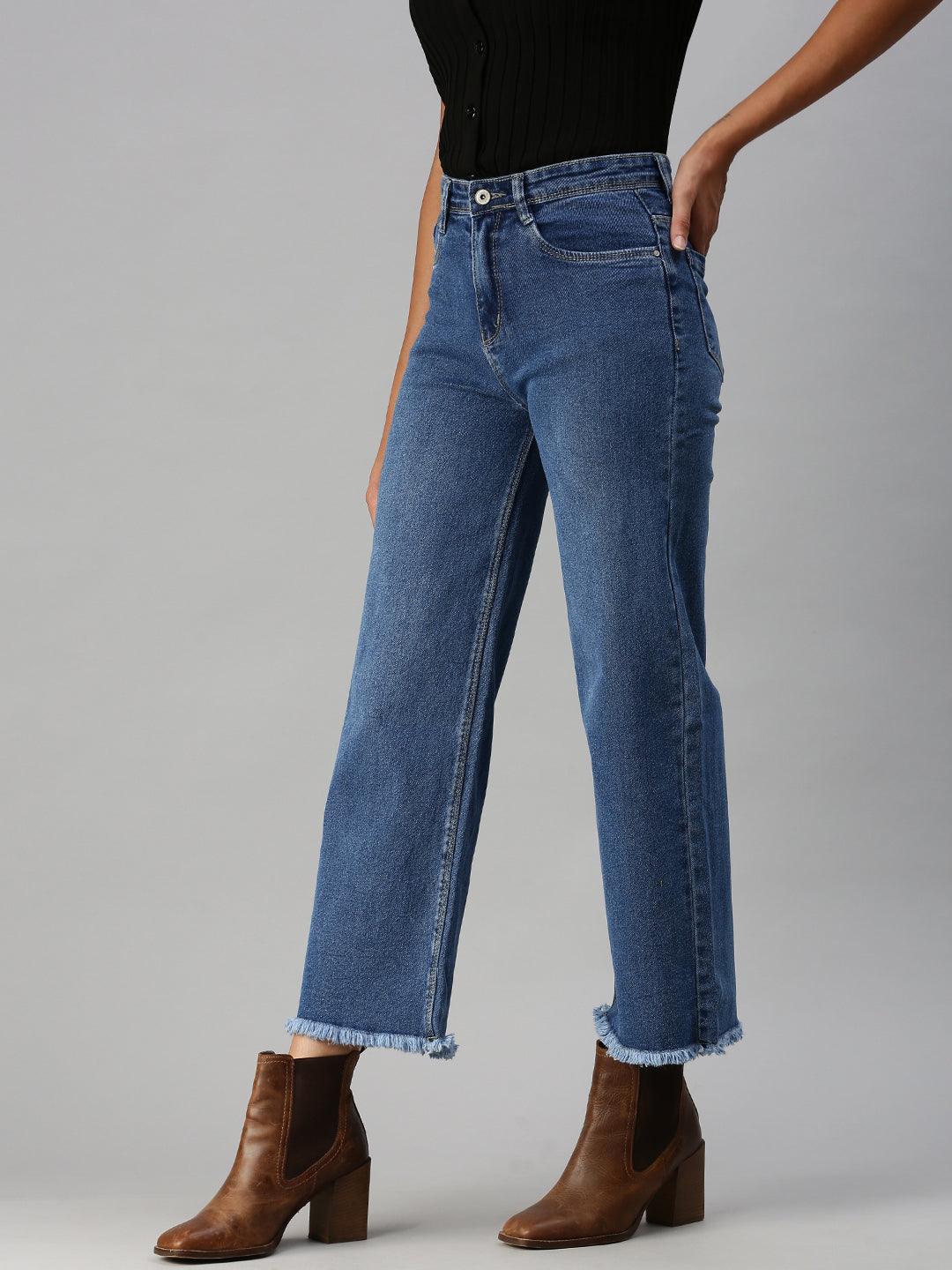 Women's Blue Solid Wide Leg Denim Jeans