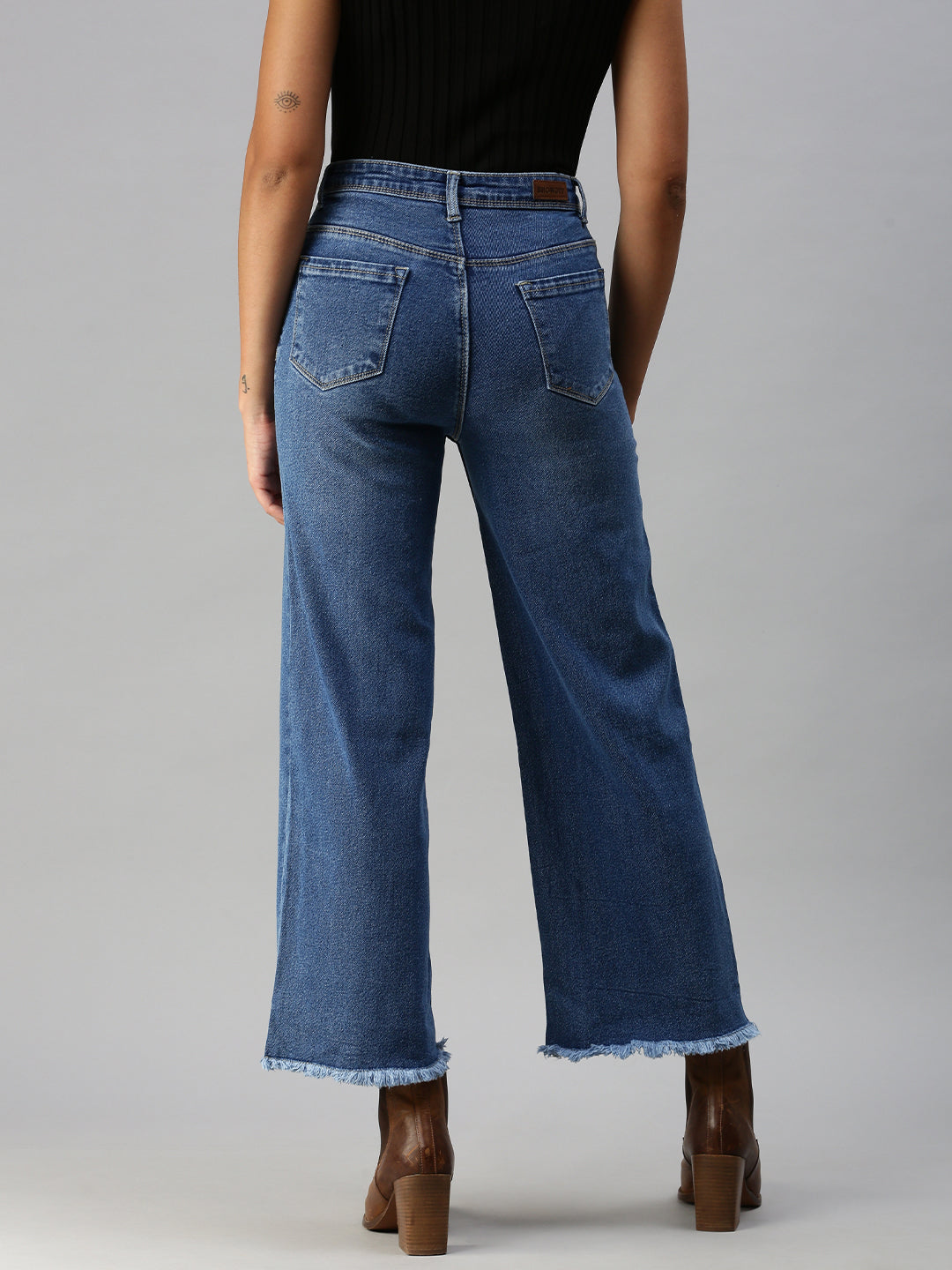 Women's Blue Solid Wide Leg Denim Jeans