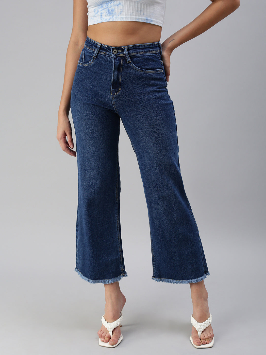 Women's Blue Solid Denim Wide Leg Jeans