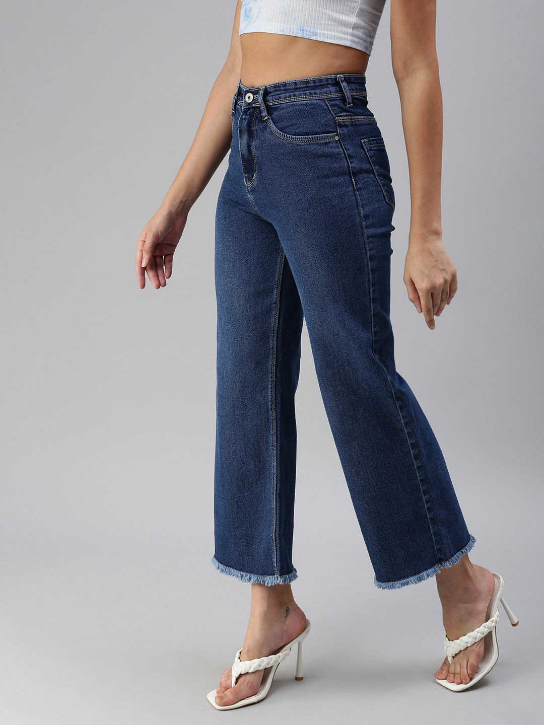 Women's Blue Solid Denim Wide Leg Jeans