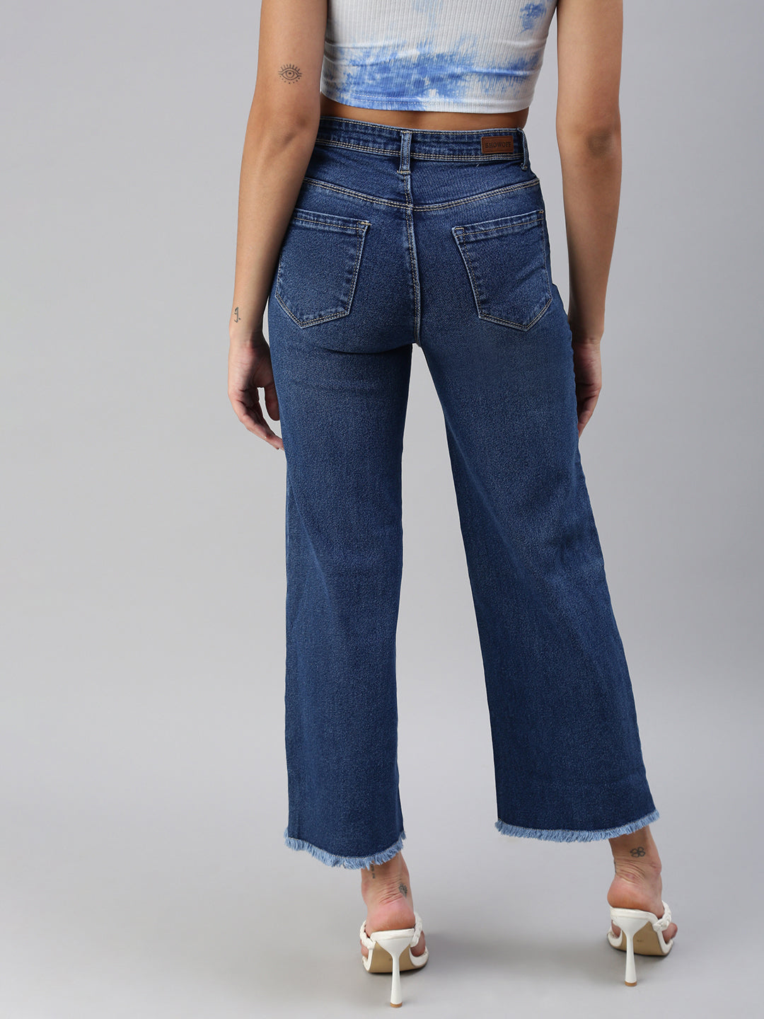 Women's Blue Solid Denim Wide Leg Jeans