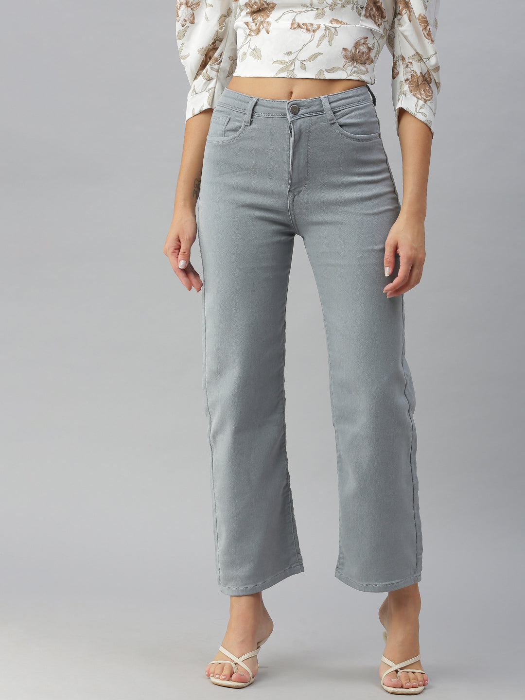 Women's Grey Solid Wide Leg Denim Jeans