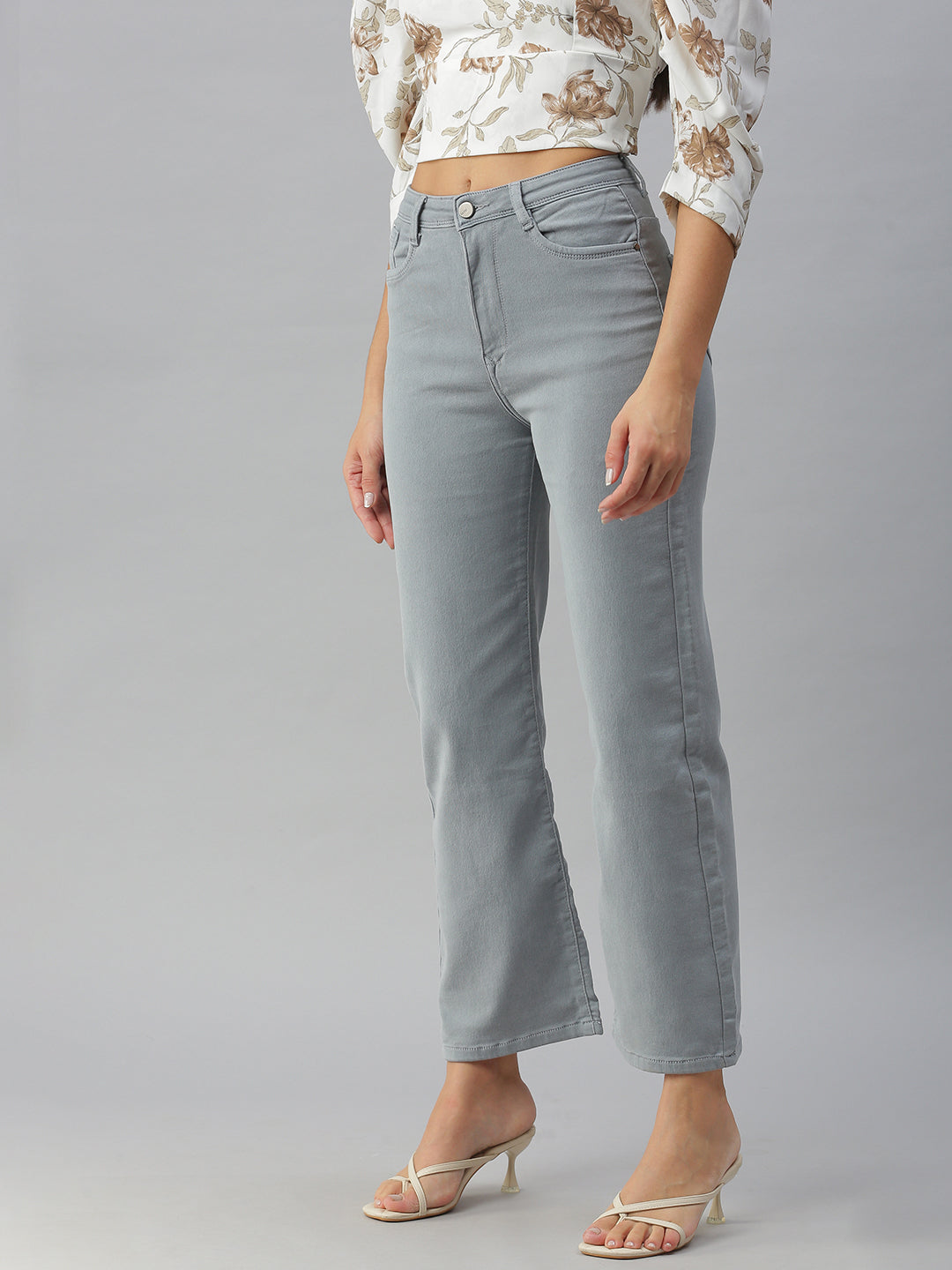 Women's Grey Solid Wide Leg Denim Jeans