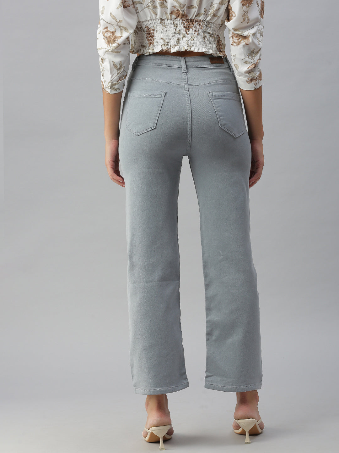 Women's Grey Solid Wide Leg Denim Jeans