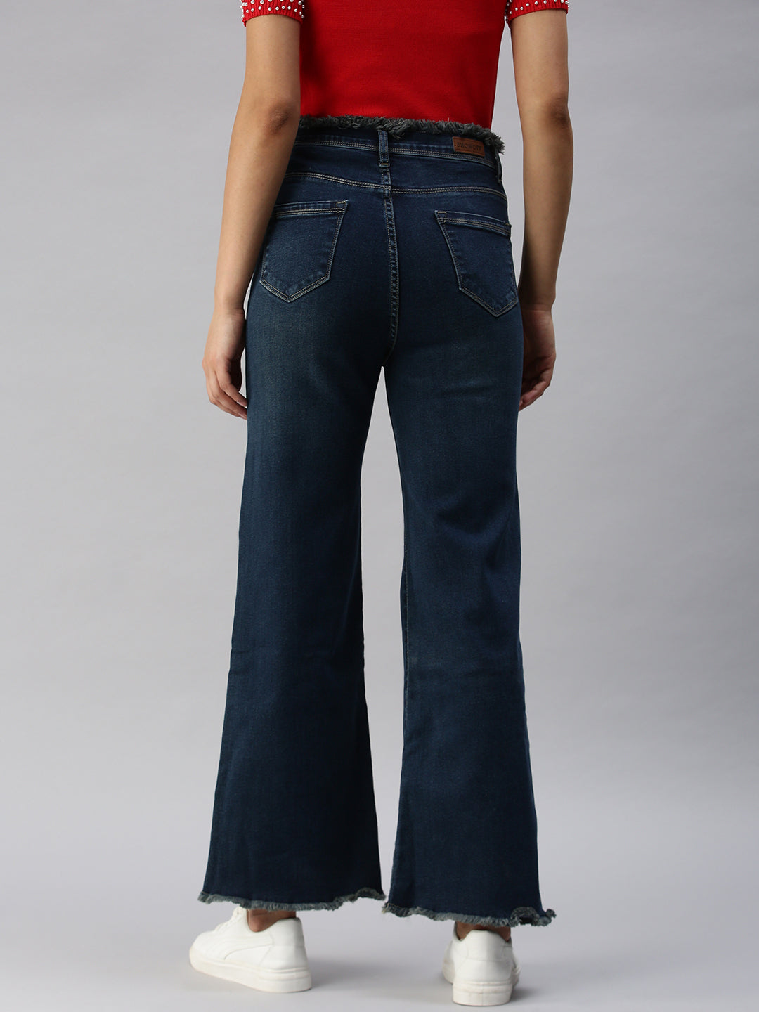 Women's Navy Blue Solid Wide Leg Denim Jeans