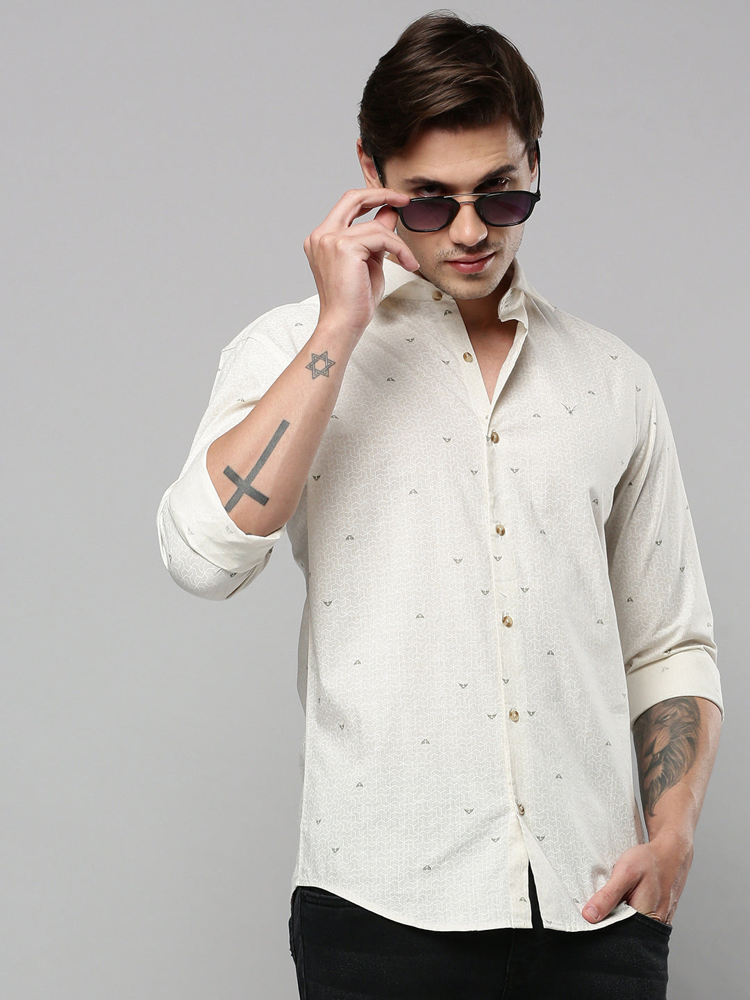 Men Cream Printed Casual Shirt