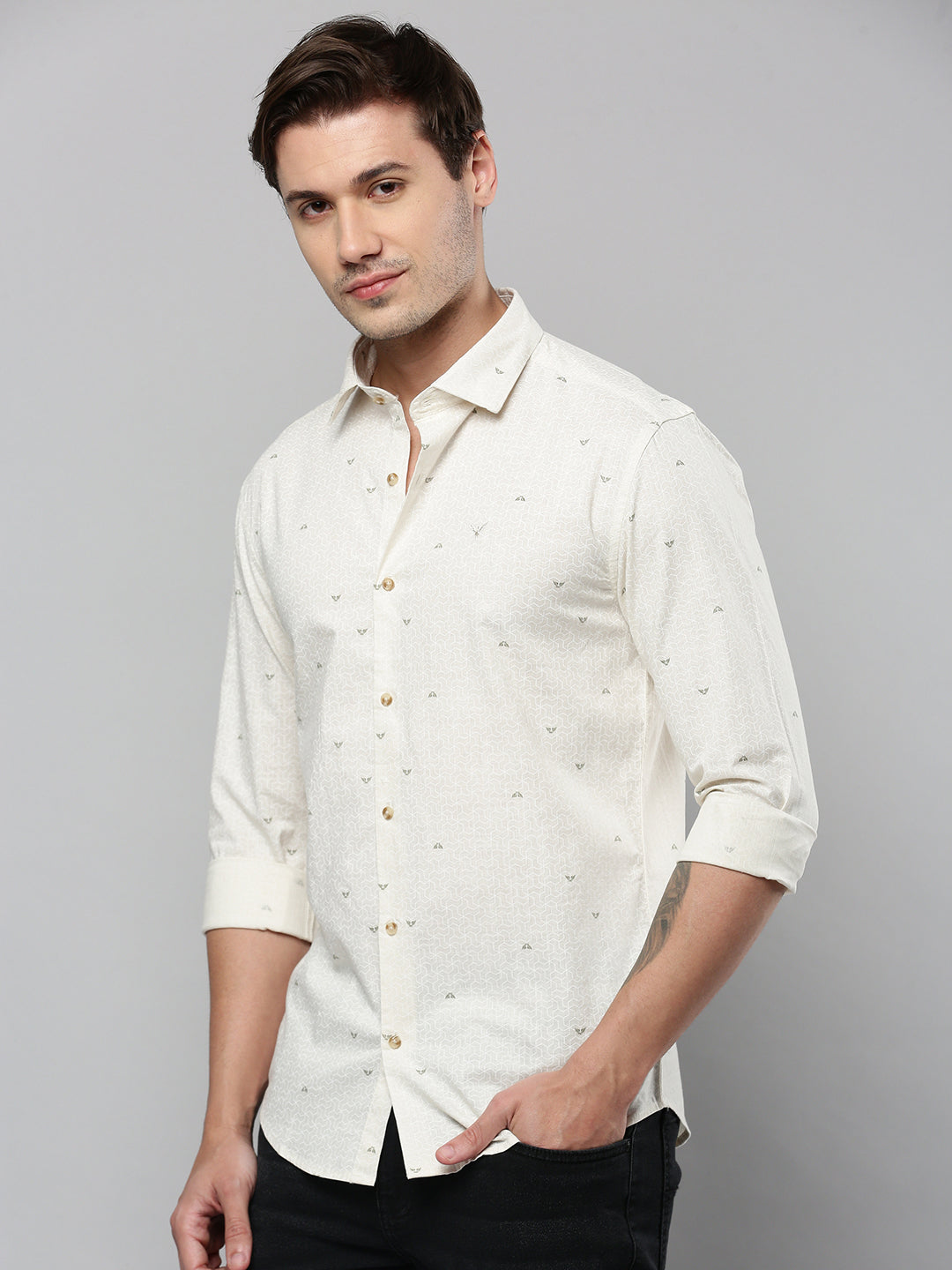 Men Cream Printed Casual Shirt